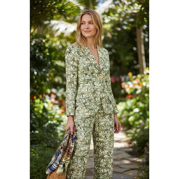 FARM Rio Pants - Farm Rio Tropical Toucans 100% Linen Blazer Jumpsuit Small Coastal Vacation NEW